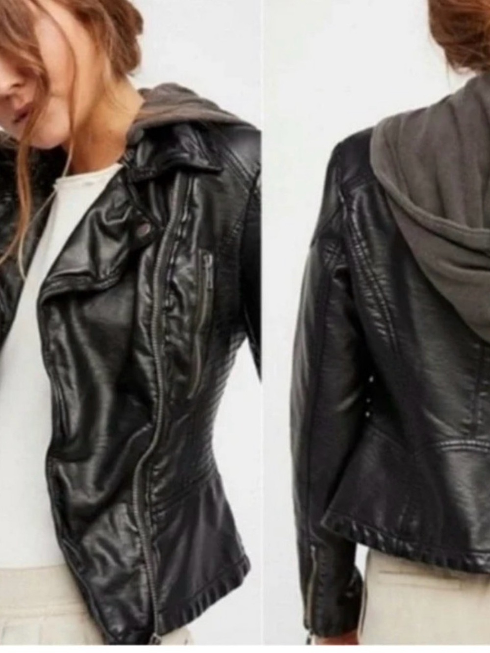 Free People Black Faux Leather Jacket with Gray Hood